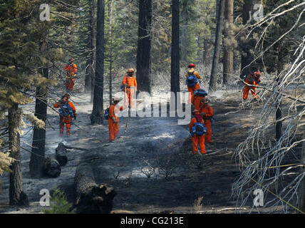 A crew of firefighters works on Gardener Mountain fighting the  Angora fire in South Lake Tahoe. June 27, 2007. Sacramento Bee Bryan Patrick  Tahoe fire Angora fire Stock Photo