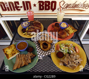 Lunch items at Armadillo Willy's 1850 Douglas Blvd. Roseville. One half pound sliced Brisket plate $9.99 (left front) One half pound pulled pork plate $9.99 (right front) Willy's famous baby back ribs $13.99 small (left rear) Oak smoked one half BBQ chicken plate $8.99 (right rear) The Sacramento Be Stock Photo