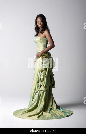 Tracie Stafford (cq), Mrs. California, models four different evening gowns that she is trying to choose from to wear to the national pageant in Las Vegas, June 8, 2007. Sacramento Bee/  Florence Low Stock Photo