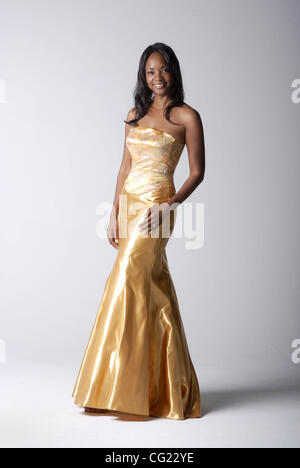 Tracie Stafford (cq), Mrs. California, models four different evening gowns that she is trying to choose from to wear to the national pageant in Las Vegas, June 8, 2007. Sacramento Bee/  Florence Low Stock Photo