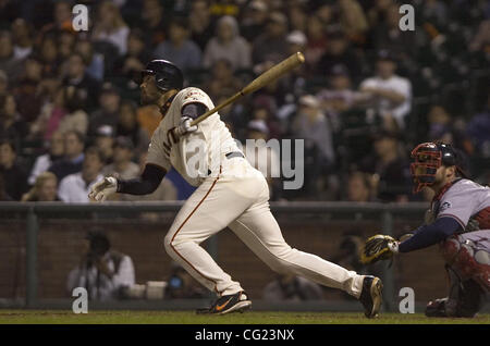 Pedro Feliz double off Braves starter Tim Hudson in the bottom of the 9th inning to cut the Braves score to 4-3 in Tuesday evenings game between he San Francisco Giants and Atlanta Braves at AT&T Park in San Francisco, California  Photography by Jose Luis Villegas, July 24, 2007 Stock Photo