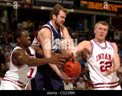 Indiana's Roderick Wilmont (left) and Lance Stemler (right) strip the ball away from Gonzaga's Sean Mallon in the 2nd half of the Indiana - Gonzaga game at the 1st Round of the NCAA Men's Basketball Tournament at Arco Arena, Sacramento, Calif. Thursday, March 15, 2007. (The Sacramento Bee /  Jose Lu Stock Photo