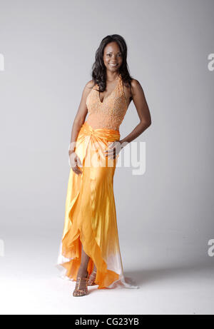 Tracie Stafford (cq), Mrs. California, models four different evening gowns that she is trying to choose from to wear to the national pageant in Las Vegas, June 8, 2007. Sacramento Bee/  Florence Low Stock Photo