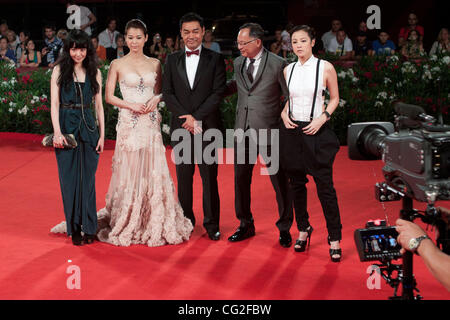 Sept. 9, 2011 - Venice, Italy - from left to right actresses Stephanie Che, Myolie Wu, actor Lau Ching Wan, director Johnnie To and actress Denise Ho on the red carpet before premiere of 'Duo Mingjin' movie directed by Johnnie To during the 68th Venice International Film Festival (Credit Image: © Ma Stock Photo