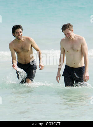 Adrian Grenier and a friend take a dip in the sea on Miami Beach  Miami, Florida, USA - 03.01.11 Stock Photo