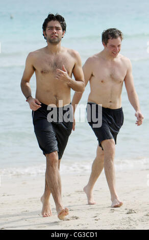 Adrian Grenier and a friend take a dip in the sea on Miami Beach  Miami, Florida, USA - 03.01.11 Stock Photo