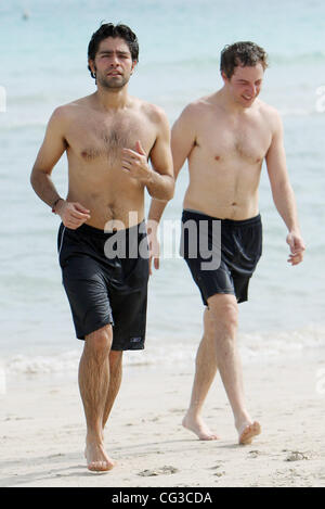 Adrian Grenier and a friend take a dip in the sea on Miami Beach  Miami, Florida, USA - 03.01.11 Stock Photo