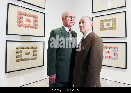 George Passmore and Gilbert Proesch  British artists and double act Gilbert and George at the press view of their new exhibition at White Cube London, England- 12.01.11 Stock Photo