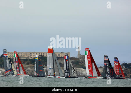 Aug. 25, 2012 - San Francisco, California, U.S - America's Cup World Series, San Francisco, CA August 25, 2012.  Action from the first fleet heat of the day.  Energy Team of France (Yann Guichard) wins the race. (Credit Image: © Dinno Kovic/ZUMAPRESS.com) Stock Photo