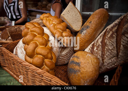 August 26, 2012 Cracow, Poland - Market stall with bread loaves during annual traditional Polish food festival. Stock Photo