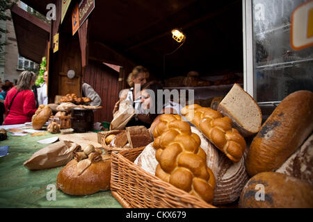 August 26, 2012 Cracow, Poland - Market stall with bread loaves during annual traditional Polish food festival. Stock Photo
