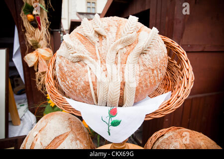 August 26, 2012 Cracow, Poland - Market stall with bread loaves during annual traditional Polish food festival. Stock Photo