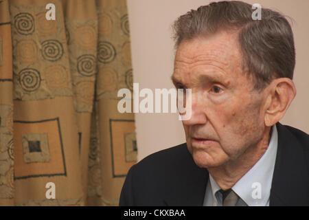 Former American Attorney General  Ramsey Clark gestures during meet the press address at Press Club in Karachi August 27, 2012. Stock Photo