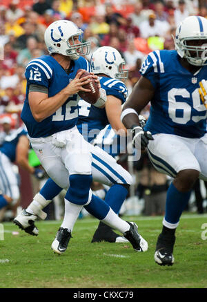 Colts QB Andrew Luck (12) in action during the Indianapolis Colts vs. Washington Redskins preseason NFL football game.  The Redskins defeat the Colts 30 - 17. Stock Photo