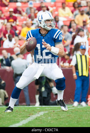 Colts QB Andrew Luck (12) in action during the Indianapolis Colts vs. Washington Redskins preseason NFL football game.  The Redskins defeat the Colts 30 - 17. Stock Photo