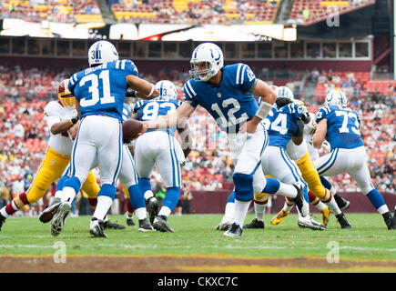 Colts QB Andrew Luck (12) in action during the Indianapolis Colts vs. Washington Redskins preseason NFL football game.  The Redskins defeat the Colts 30 - 17. Stock Photo