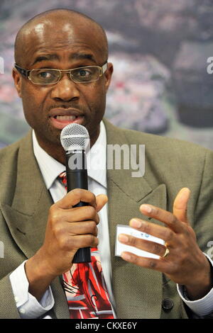 28th Aug 2012. Cape Town, South Africa. Professor Kelly Chibale from the Drug Discovery and Development Centre’s Professor Kelly Chibale during the announcement of the discovery of a single dose cure for Malaria. Clinical trials for the new drugs are set to take place at the end of 2013. (Photo by Gallo Images / Foto24 / Danielle Karallis/Alamy Live News) Stock Photo