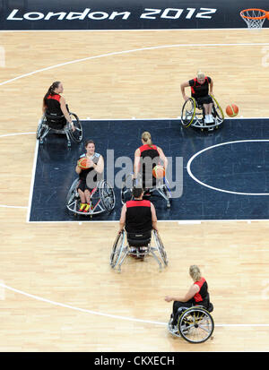 London, UK. 28th August 2012. The women's wheelchair basketball team of Germany is seen during a training session at the Basketball Arena before the London 2012 Paralympic Games. Stock Photo