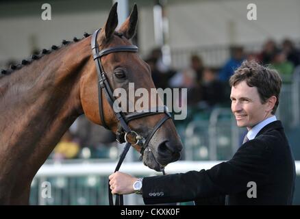 Wednesday 29th August 2012. Burghley House Stamford, England, UK. Francis Whittington (GBR) presents SIR PERCIVAL III during the First Horse Inspection at The Land Rover Burghley Horse Trials. Stock Photo