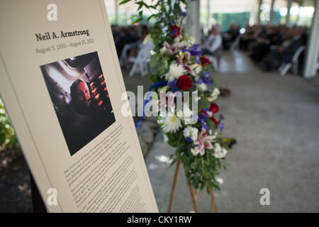 A memorial tribute from the Smithsonian is seen at the entrance of a private memorial service celebrating the life of Neil Armstrong August 31, 2012, at the Camargo Club in Cincinnati. Armstrong, the first man to walk on the moon during the 1969 Apollo 11 mission, died August 25th. He was 82. Stock Photo