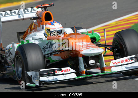 01.09.2012. Spa, Belgium.  British Formula One driver Paul di Resta of Force India steers his car during the qualification session at the race track Circuit de Spa-Francorchamps near Spa, Belgium, 01 September 2012. The Formula One Grand Prix of Belgium will take place on 02 September 2012. Stock Photo