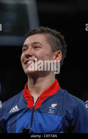 01.09.2012 London, England. Ross WILSON (GBR) celebrates after his quarter final victory over Marcin SKRZYNECKI (POL) in the men's singles class 8 on Day 3 of the men's table tennis from ExCel. Stock Photo