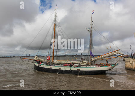 The inaugural Irish Sea Tall Ships Regatta in Liverpool comes to a close on Sunday September 2, 2012 as all fourteen Tall Ships took part in a Parade of Sail leaving Liverpool’s Albert Dock onto the River Mersey. The ships then mustered in formation and left the river together. Stock Photo