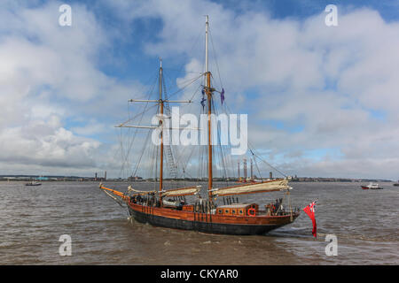 The inaugural Irish Sea Tall Ships Regatta in Liverpool comes to a close on Sunday September 2, 2012 as all fourteen Tall Ships took part in a Parade of Sail leaving Liverpool’s Albert Dock onto the River Mersey. The ships then mustered in formation and left the river together. Stock Photo