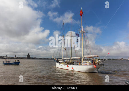 The inaugural Irish Sea Tall Ships Regatta in Liverpool comes to a close on Sunday September 2, 2012 as all fourteen Tall Ships took part in a Parade of Sail leaving Liverpool’s Albert Dock onto the River Mersey. The ships then mustered in formation and left the river together. Stock Photo