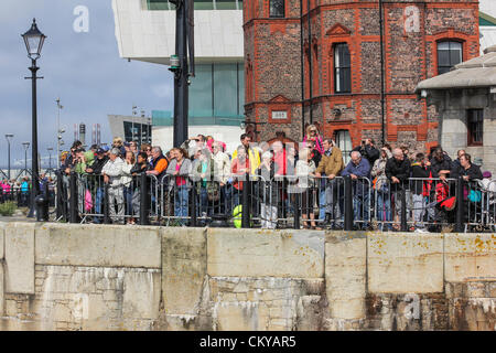 The inaugural Irish Sea Tall Ships Regatta in Liverpool comes to a close on Sunday September 2, 2012 as all fourteen Tall Ships took part in a Parade of Sail leaving Liverpool’s Albert Dock onto the River Mersey. The ships then mustered in formation and left the river together. Stock Photo