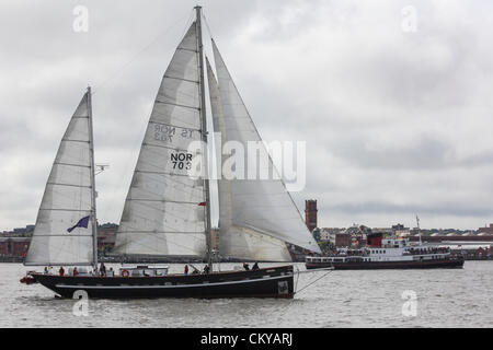 The inaugural Irish Sea Tall Ships Regatta in Liverpool comes to a close on Sunday September 2, 2012 as all fourteen Tall Ships took part in a Parade of Sail leaving Liverpool’s Albert Dock onto the River Mersey. The ships then mustered in formation and left the river together. Stock Photo