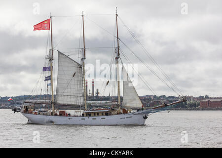 The inaugural Irish Sea Tall Ships Regatta in Liverpool comes to a close on Sunday September 2, 2012 as all fourteen Tall Ships took part in a Parade of Sail leaving Liverpool’s Albert Dock onto the River Mersey. The ships then mustered in formation and left the river together. Stock Photo