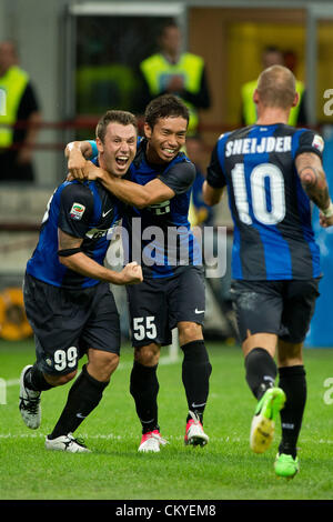 (L-R) Antonio Cassano, Yuto Nagatomo, Wesley Sneijder (Inter), SEPTEMBER 2, 2012 - Football / Soccer : Antonio Cassano of Inter celebrates his goal during the Italian 'Serie A' match between Inter Milan 1-3 AS Roma at Stadio Giuseppe Meazza in Milan, Italy. (Photo by Enrico Calderoni/AFLO SPORT) [0391] Stock Photo