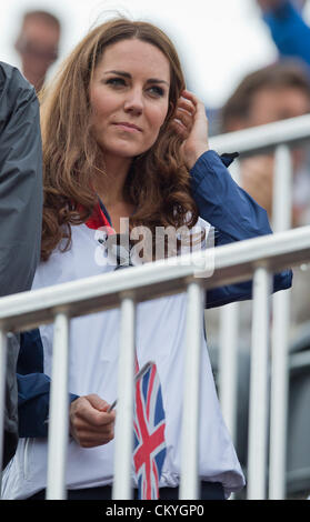 02.09.2012 Eton Dorney, Berkshire, England. Kate, the Duchess of Cambridge, is seen on the stands during the London 2012 Paralympic Games Rowing competition at Eton Dorney, Great Britain, 02 September 2012. Stock Photo
