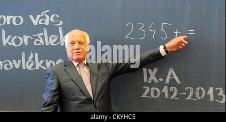 Czech president Vaclav Klaus (right) opens new school year at the Primary School Na Smetance in Prague, Czech Republic on September 3, 2012. (CTK Photo/Stanislav Zbynek) Stock Photo