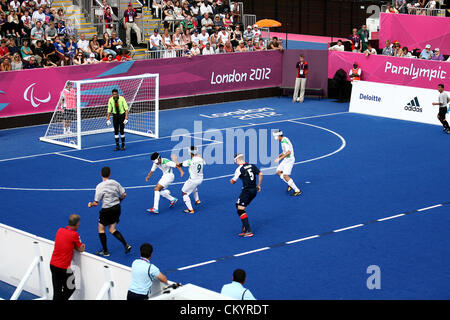 04.09.2012.  London, England. A general view of play during the Men's Football 5-a-side Preliminaries Pool A match between Spain and Argentina during Day 6 of the London Paralympics from the Riverbank Arena Stock Photo