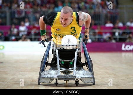 06.09.2012. London, England. Ryley Batt (AUS) in action during the Mixed Wheelchair Rugby Pool Phase Group B match between Australia and Sweden during Day 8 of the London Paralympics from the Basketball Arena Stock Photo