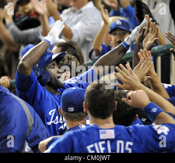 Sept. 8, 2012 - Albuquerque, NM, U.S. - Isotopes' #15 Tony Gwynn ,.Jr. gets congratulated on his 3 run homer in the 7th inning to give the Topes a 12-10 lead and the win over the Omaha Storm Chasers to take tie the series 2-2 for the final game Sunday.  Saturday, Sept.8, 2012. (Credit Image: © Jim Thompson/Albuquerque Journal/ZUMAPRESS.com) Stock Photo