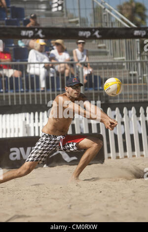 Sept. 7, 2012 - Santa Barbara, CA, USA - Santa Barbara, CA - September 7th, 2012 - Phil Dalhauser playing with partner Todd Rogers, passes a ball from opponents Stein Metzger/Mark Williams in the AVP Beach Championships beach volleyball tournament held in West Beach, Santa Barbara, CA. It is the second tournament put on by the newly reformed AVP, after they had to shut their doors more than 2 years ago. Dalhauser/Rogers won the match 21-17, 21-14. Photo by Wally Nell/Zuma (Credit Image: © Wally Nell/ZUMAPRESS.com) Stock Photo