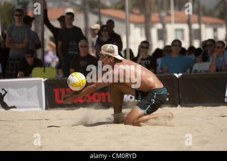 Sept. 7, 2012 - Santa Barbara, CA, USA - Santa Barbara, CA - September 7th, 2012 - Sean Rosenthall playing with partner Jake Gibb, passes a ball from opponents Braidy Halverson/Ty Loomis in the AVP Beach Championships beach volleyball tournament held in West Beach, Santa Barbara, CA. It is the second tournament put on by the newly reformed AVP, after they had to shut their doors more than 2 years ago. Gibb/Rosenthall won the match 21-12, 21-16. Photo by Wally Nell/Zuma (Credit Image: © Wally Nell/ZUMAPRESS.com) Stock Photo