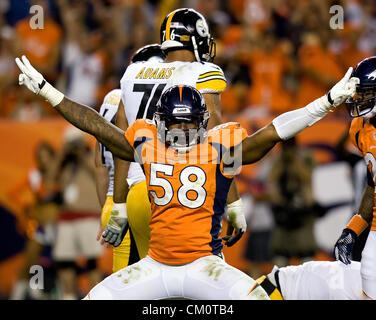 Sept. 9, 2012 - Denver, CO, USA - Broncos SLB VON MILLER, center, celebrates after sacking Steelers QB Ben Roethlisberger during the 2nd. half at Sports Authority Field at Mile High Sunday evening. The Broncos beat the Steelers 31-19. (Credit Image: © Hector Acevedo/ZUMAPRESS.com) Stock Photo