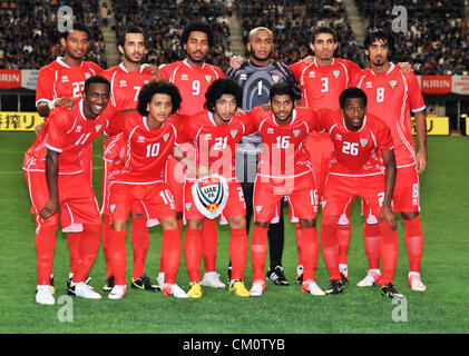 UAEUnited Arab Emirates team group line-up (JPN), SEPTEMBER 6, 2012 - Football / Soccer : United Arab Emirates team group shot (Top row - L to R) Mohamed Ahmad, Ali Ahmed Mabkhout, Khamis Esmaeel, Ali Khaseif, Walid Abbas, Hamdan Al Kamali, (Bottom row - L to R) Ahmed Khalil, Omar Abdulrahman, Amer Abdulrahman, Rashed Eisa and Abdulaziz Hussain before the Kirin Challenge Cup 2012 match between Japan 1-0 United Arab Emirates at Tohoku Denryoku Big Swan Stadium in Niigata, Japan. (Photo by AFLO) Stock Photo