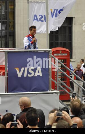 London, UK, Monday 10th September 2012. Diving's Tom Daley celebrates TeamGB's success on a procession of floats through central London, as part of the London 2012 Team GB Athletes Victory Parade. Stock Photo