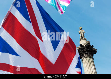 London, England, UK. Monday, 10 September 2012. Union Flags flying in Trafalgar Square during the Heroes' Parade of Olympic and Paralympic Athletes. Stock Photo