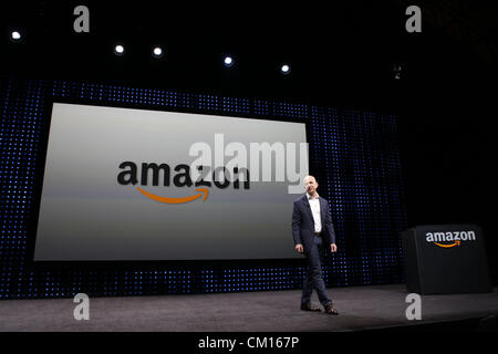 Sept. 6, 2012 - Santa Monica, California, U.S. - Jeff Bezos, chief executive officer of Amazon.com Inc., introduces the Kindle Paperwhite tablet at a news conference in Santa Monica, California, U.S., on Thursday, Sept. 6, 2012. (Credit Image: © Patrick Fallon/ZUMAPRESS.com) Stock Photo