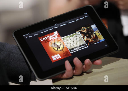 Sept. 6, 2012 - Santa Monica, California, U.S. - Peter Larsen, Vice President Amazon Kindle, talks about the Kindle Fire HD tablets at a news conference in Santa Monica, California, U.S., on Thursday, Sept. 6, 2012. (Credit Image: © Patrick Fallon/ZUMAPRESS.com) Stock Photo