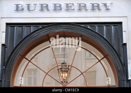 Regent Street, London, UK. 13th September 2012. The logo above the main entrance on Regent Street. Burberry opens its new flagship store on Regent Street, the store has four floors and the biggest branch of Burberry in the world. Stock Photo