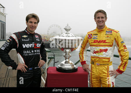 Sept. 13, 2012 - Fontana, California, U.S - Indycar, MAV TV 500, Fontana, CA, September 12-15 2012,  Astor Cup for Indycar champion, Santa Monica Pier, Press Conference,  RYAN HUNTER REAY, Andretti Autosport,  WILL POWER, Verizon Team Penske (Credit Image: © Ron Bijlsma/ZUMAPRESS.com) Stock Photo