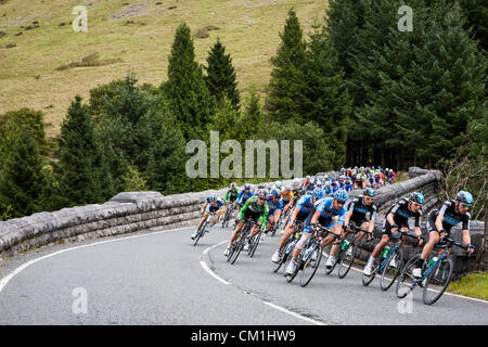 Wales, UK. 14th September 2012. Riders in the main peleton led by Team Sky race over a bridge next to the Beacons reservoir on stage 6 of the Tour of Britain Cycle race on Friday September 14th, 2012. The stage was won by  Leopold Koenig of Team NetApp. Credit:  John Wellings / Alamy Live News Stock Photo