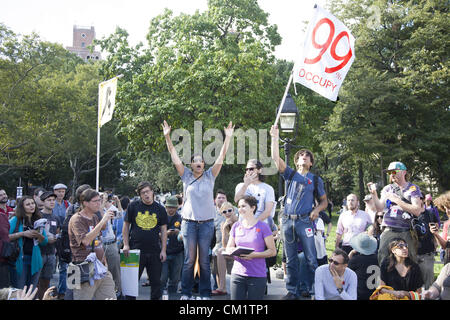 On the one year anniversary of the Occupy Movement OWS in New York City has a three day series of activities going on culminating on Sept. 17th with a day of street actions scheduled on Wall Street honoring the 99%. Stock Photo